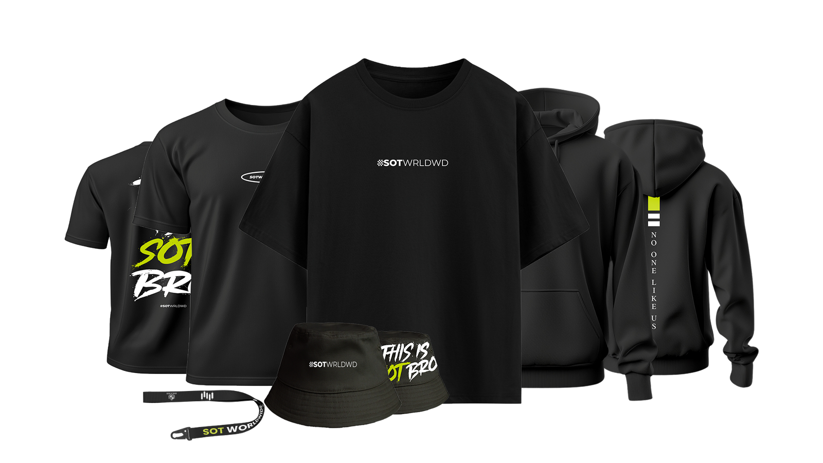 SOT Worldwide merchandise: tee, hoodie, bucket hat, lanyard